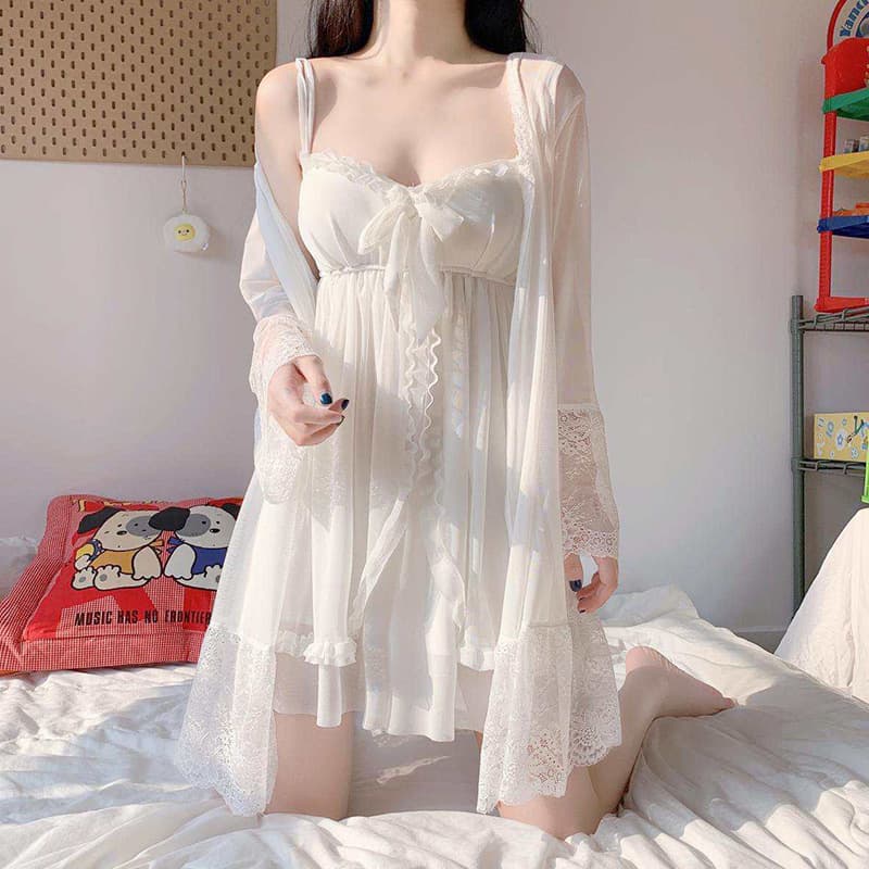 Large Size Sexy Lace Chemise Nightgown with Strap Home Clothes Set for Women V-Neck Summer Home Wear Comfortable Sleepwear