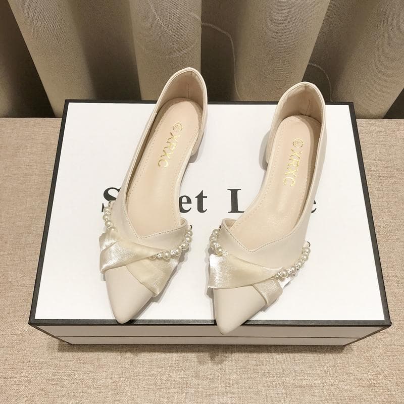 Chanel Style Elegant Pointed Toe Flats Women 2023 New Pearl Fairy Style Summer Sandals Closed Toe Slip On Lazy Shoes