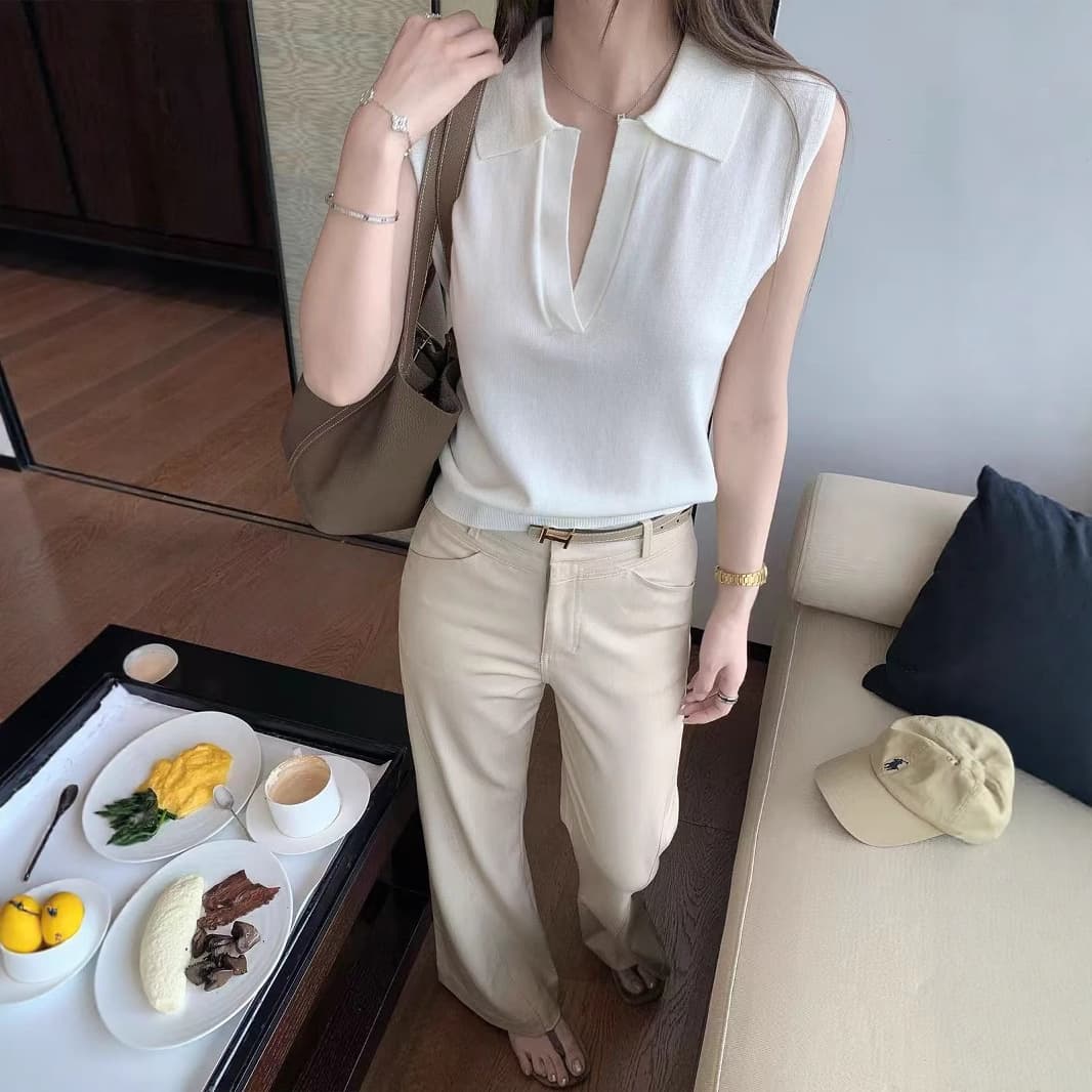2026 New Old Money Style Women's Polo Neck Sleeveless Top Casual Gray Short Sleeve