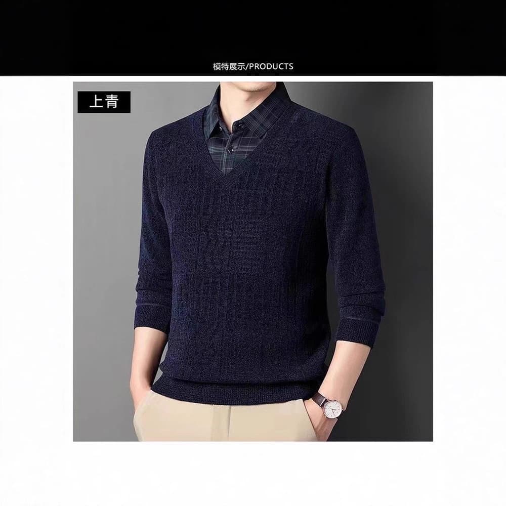 New Autumn/Winter Mid-Age Men's Chenille Fake Two-Piece Sweater Dad's Wear, Fleece-Lined Thick Warm Base Layer T-Shirt