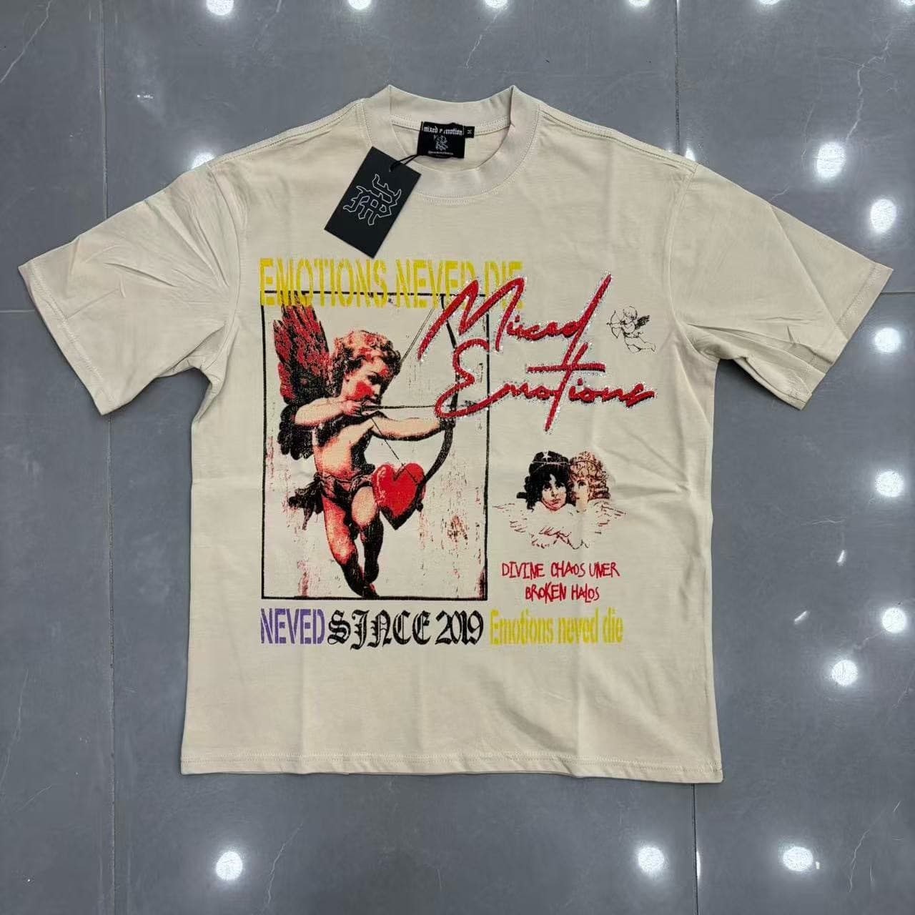 MIXED EMOTION Love Angel Print Rhinestone Fashion Trendy Men's and Women's Couple Loose Short Sleeve T-Shirt