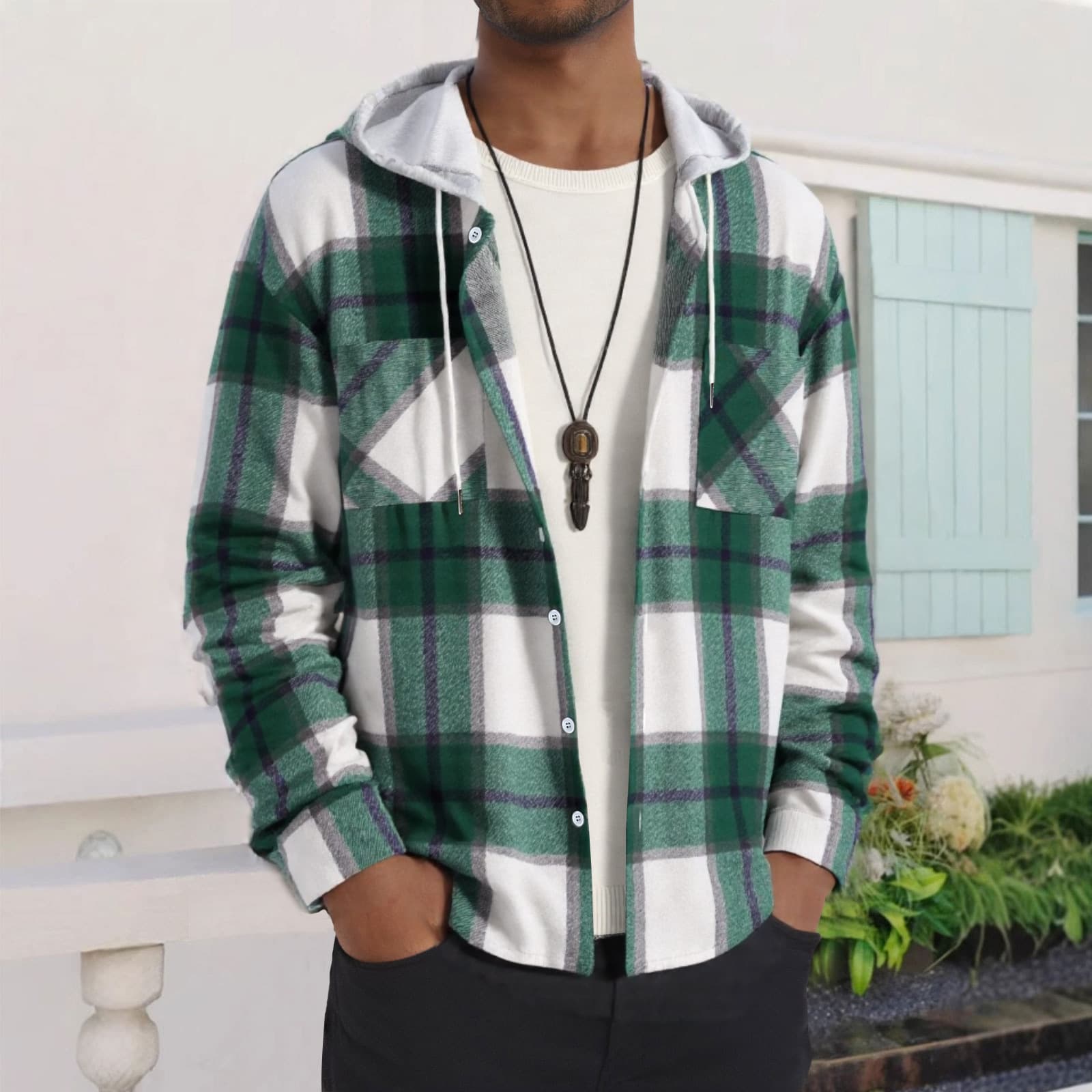 Men's Casual Plaid Shirt Jacket 2025 New Style Double Pocket Hooded Coat Loose Fit Comfortable Lightweight Breathable