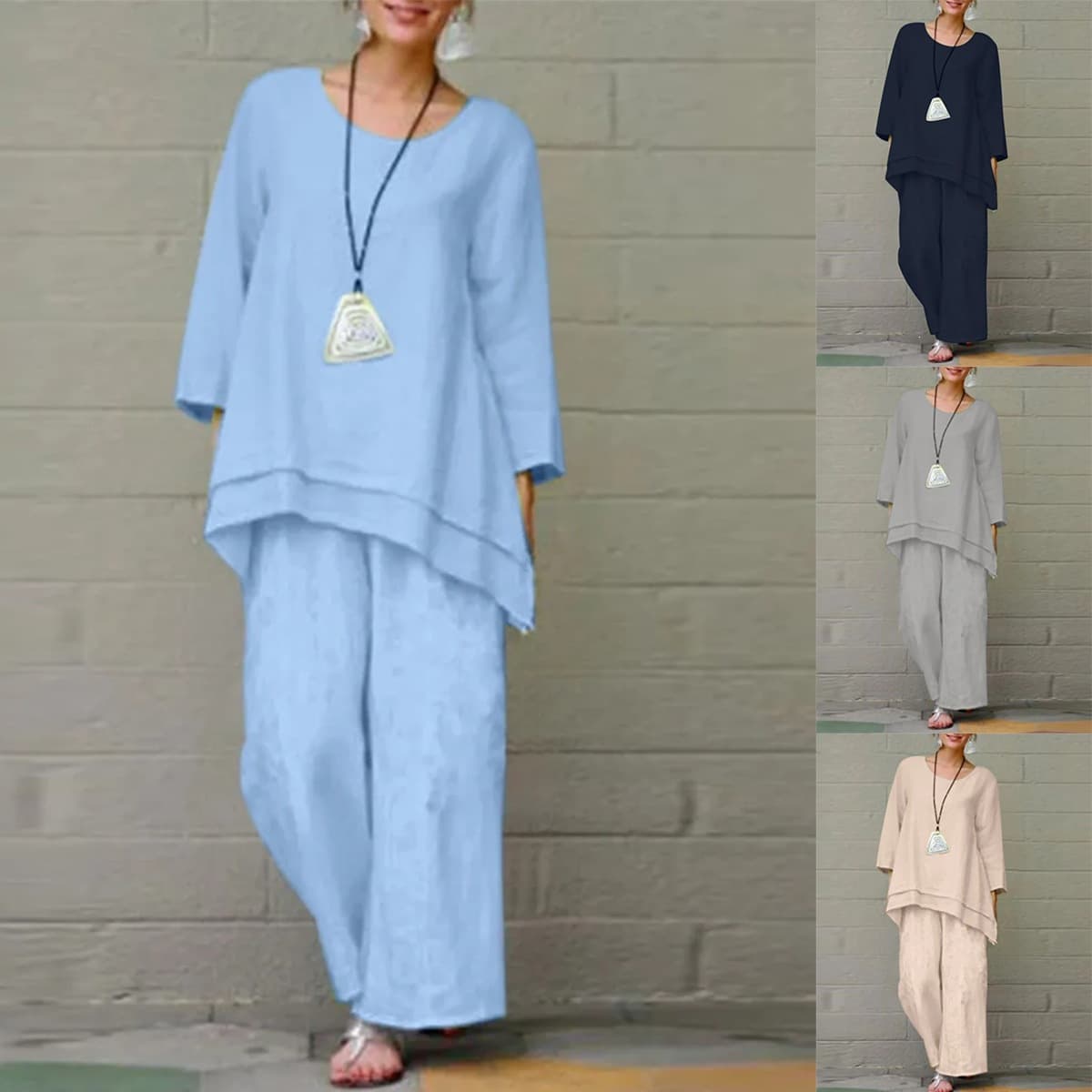 2026 Cross-Border Trade Plus Size Women's Solid Color Chinese Style European and American Pants Set Cotton Linen Casual Long Sleeve Loose Cotton Set
