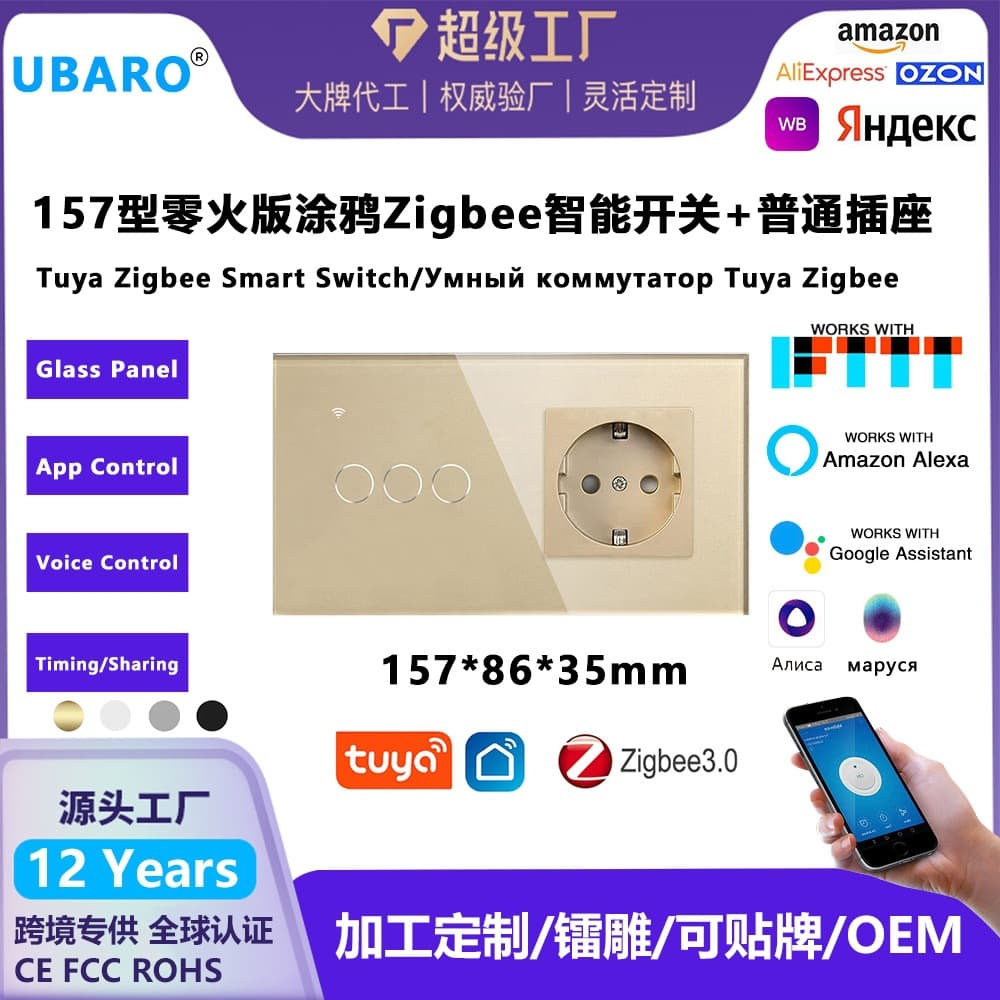 Tuya smart switch (European standard 157 model) with 5V 3A tempered glass panel socket, timer-enabled and shareable via APP.
