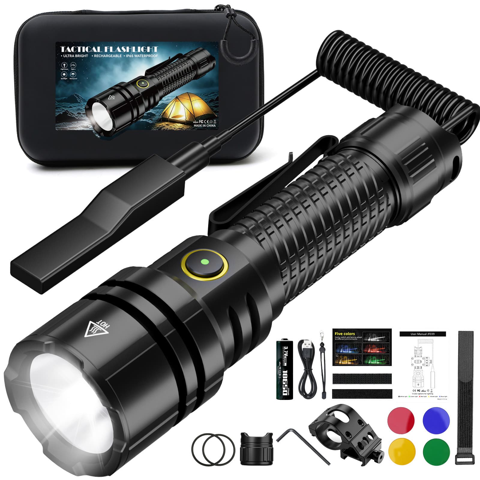 New Cross-border 2200lm Tactical Flashlight Type-C Direct Charge High-power Long-range Spotlight