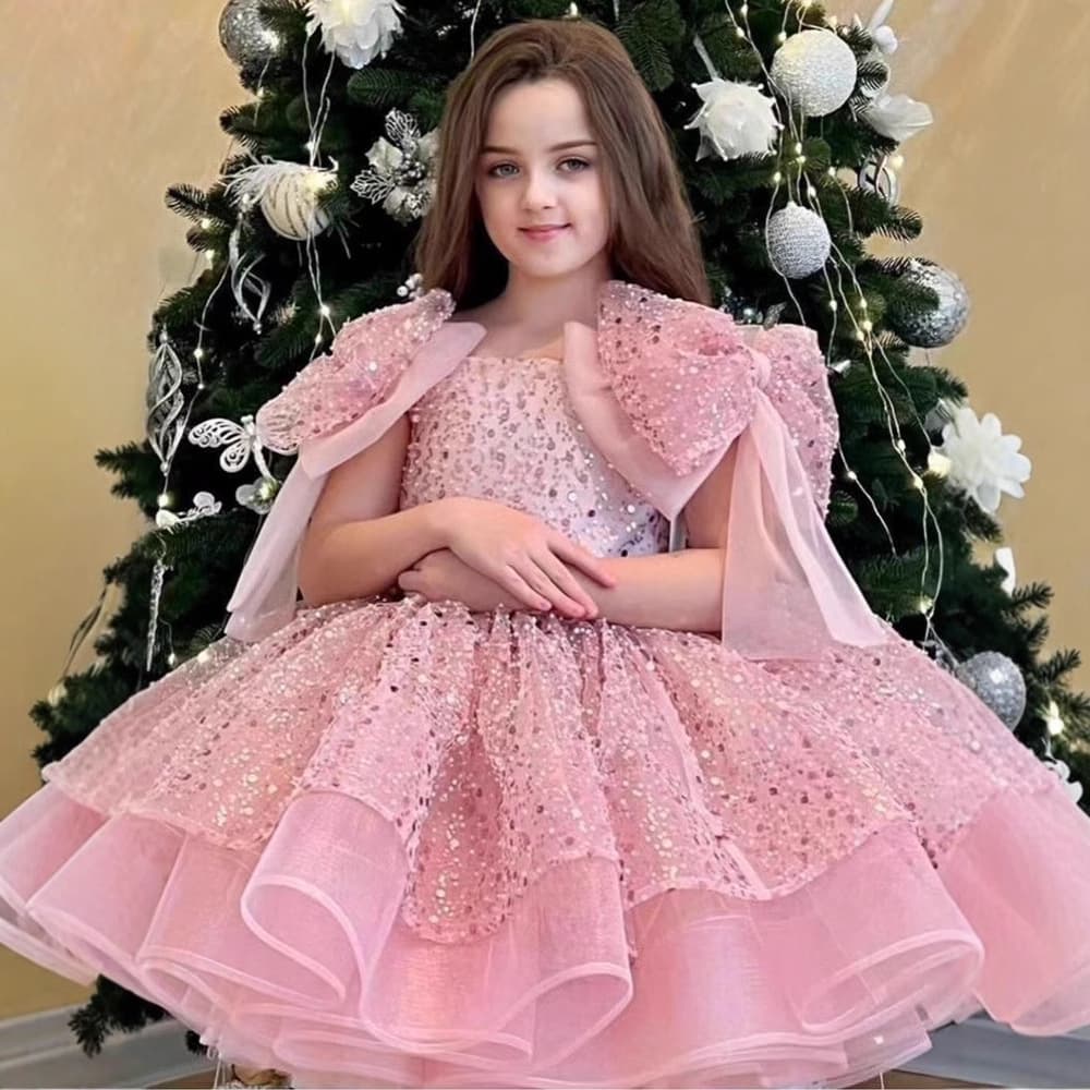 Girls' Formal Dress Birthday Party Big Bow Tutu Skirt 2026 New Fashion Elegant Sweet Sequined Princess Dress