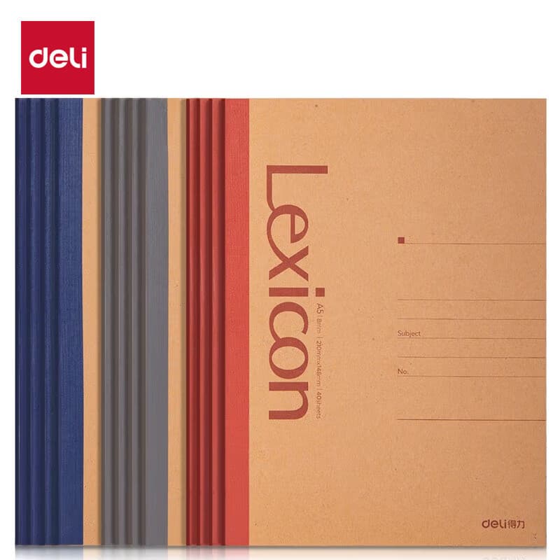 Deli notebook A5/B5 multiple options available, notepad models 7635/7641, bound softcover notebook, drop shipping available.