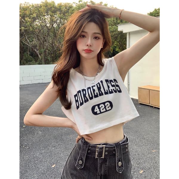 Pure cotton American retro letter print sleeveless T-shirt for women's summer outer wear hot girl loose short navel vest top