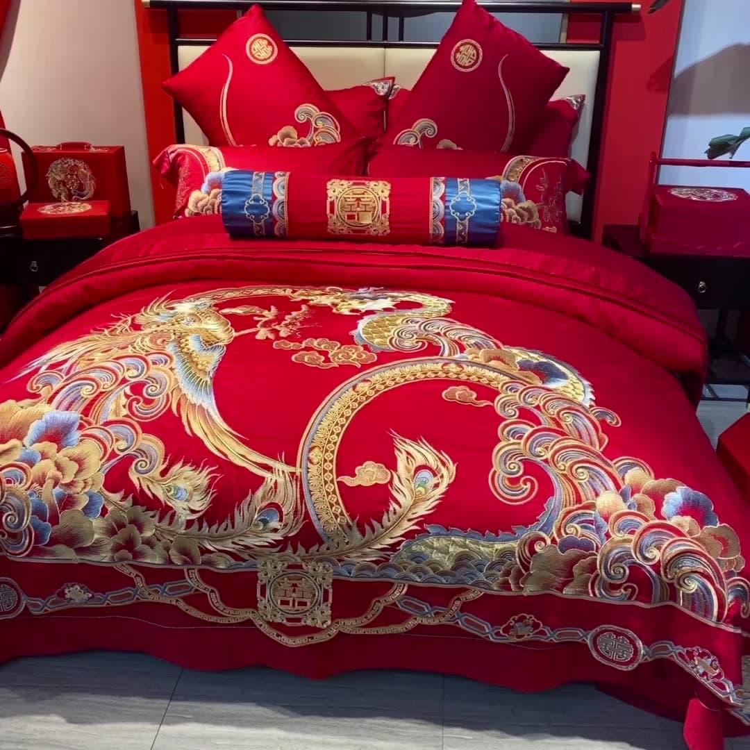 140s Jacquard Wedding Four-Piece Set, Bright Red Pure Cotton, High-End 60-80 Pieces Dragon and Phoenix Embroidery Wedding Bedding