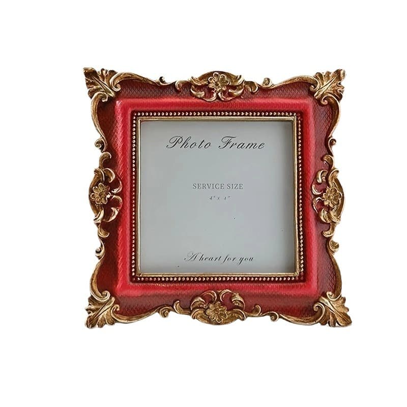 Wedding Atmosphere Decorative Vintage Resin Photo Frame, European Style Tabletop Display for Bedroom and Study, 4-Inch Red