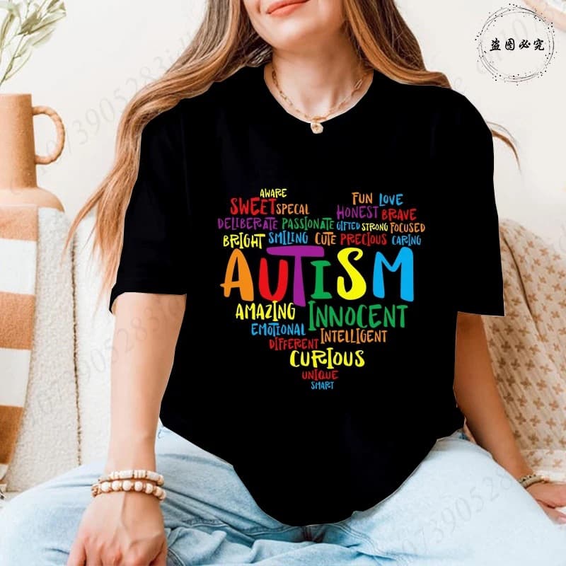Positive Word Cloud Autism Awareness T-Shirt, Soft Oversized Casual T-Shirt for Women, Supports Autism Acceptance