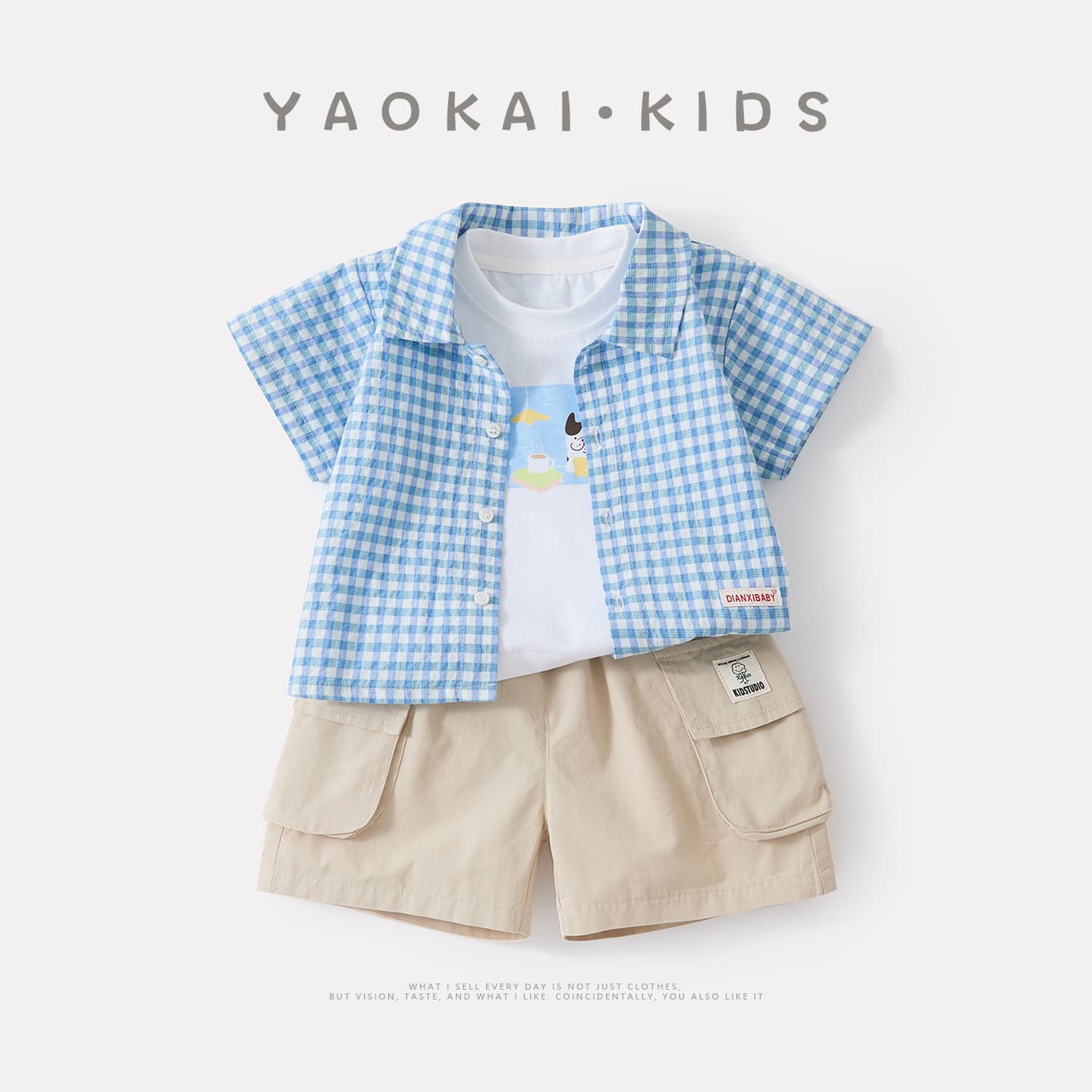 Summer Thin Baby Simple Plaid Shirt Boys Korean Style Casual Versatile Cartoon Vest Shorts Kids Clothing