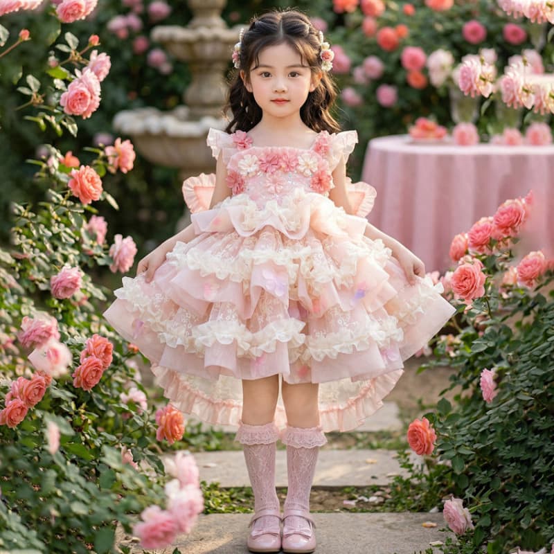 Girls Flower Lolita Strapless Dress Summer Children Beautiful Flower Fairy Princess Skirt Puffy Dress