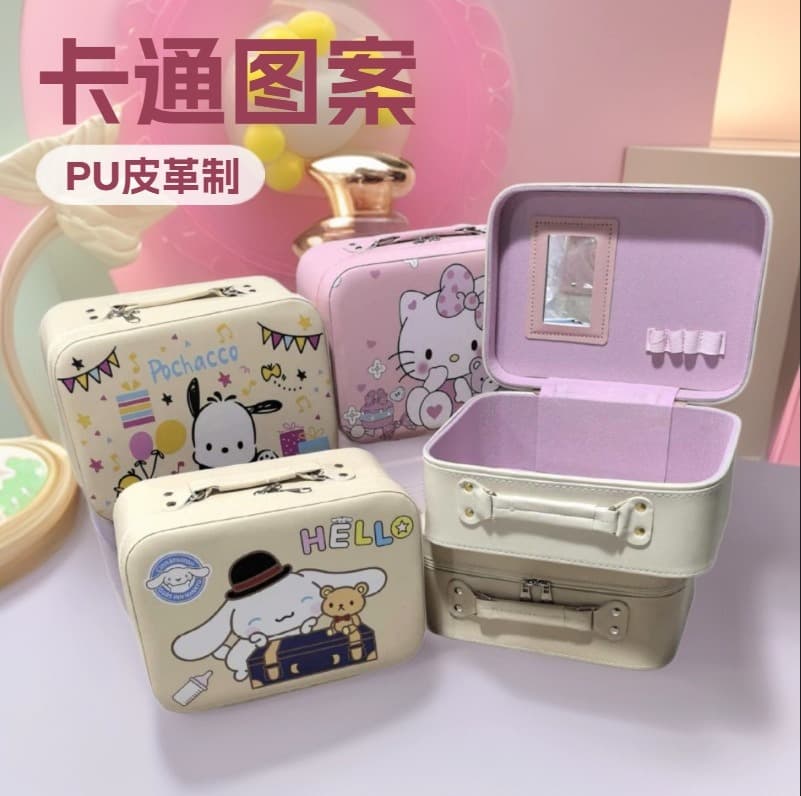 Cute Sanrio Cartoon Kids Makeup Bag, Portable Travel Large Capacity Cosmetic Case with Mirror, Customizable