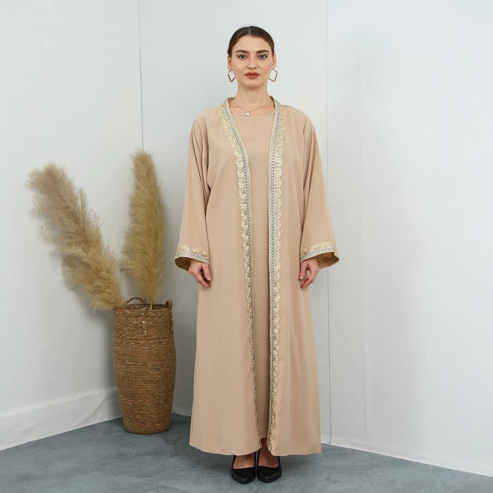 F473 Women's Export Embroidered Loose Cardigan Maxi Dress, Fashionable, Plus Size, In Stock