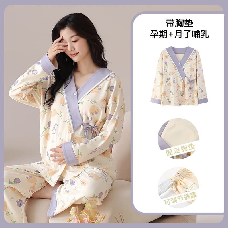 With Bra Pads Maternity Postpartum Clothes Autumn/Winter Postpartum Large Size Pregnant Sleepwear Maternity Nursing Feeding Homewear Set