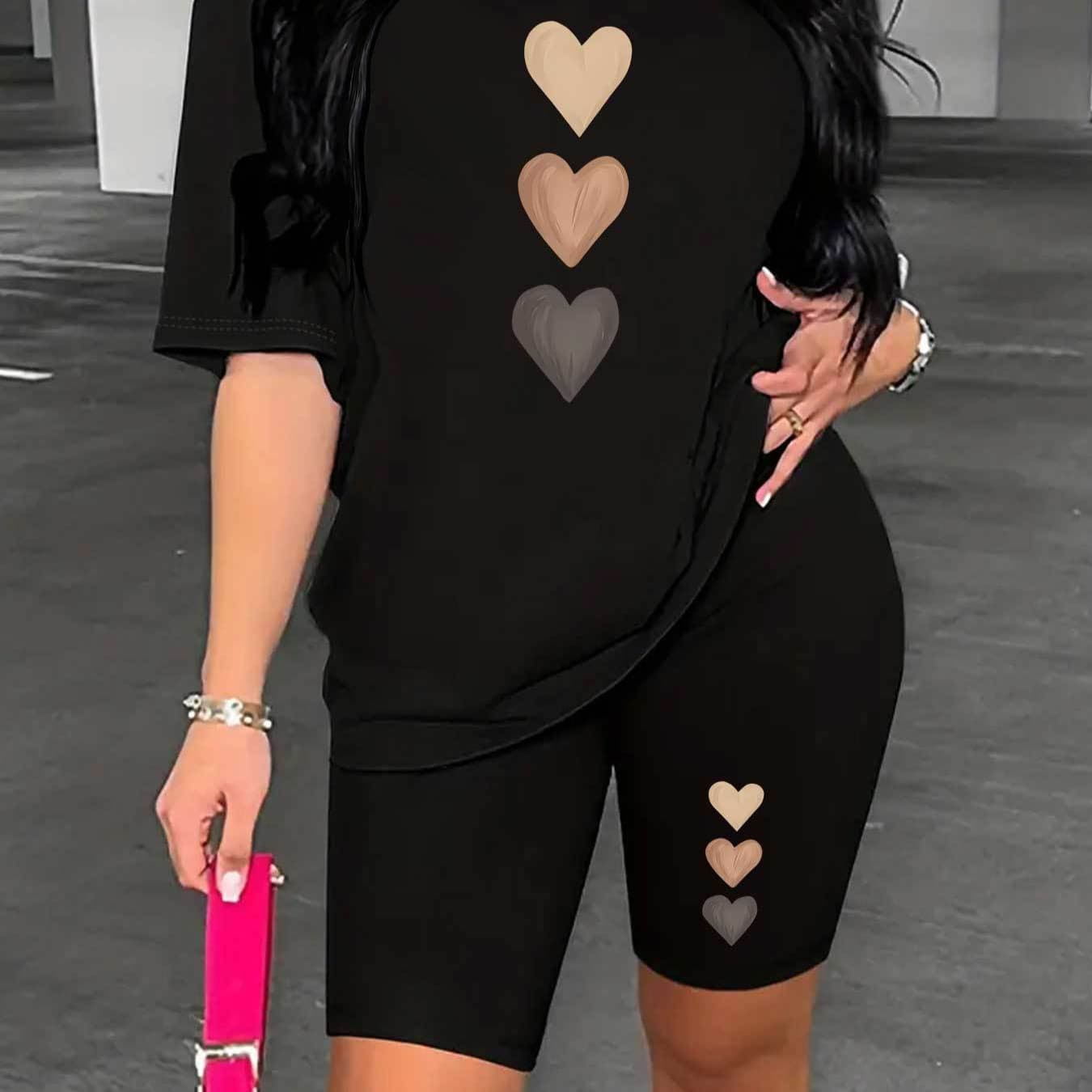 Heart-shaped printed two-piece set for women, casual short-sleeved T-shirt with shorts, women's summer cross-border foreign trade