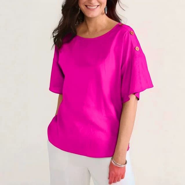 2026 Cross-border European and American Style Plus Size Solid Short Sleeve Shirt with Boat Neck and Side Button Design, Flattering Commuter Top