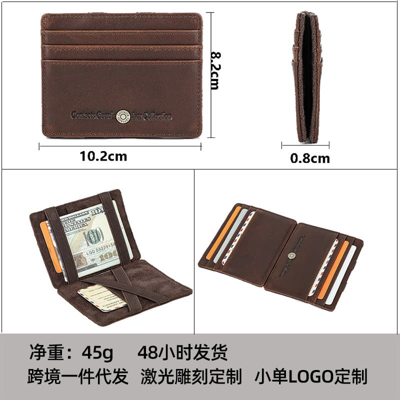 Black Angel Top Layer Leather RFID Blocking Magic Card Holder Multi-Functional Fashionable Small Card Case In Stock