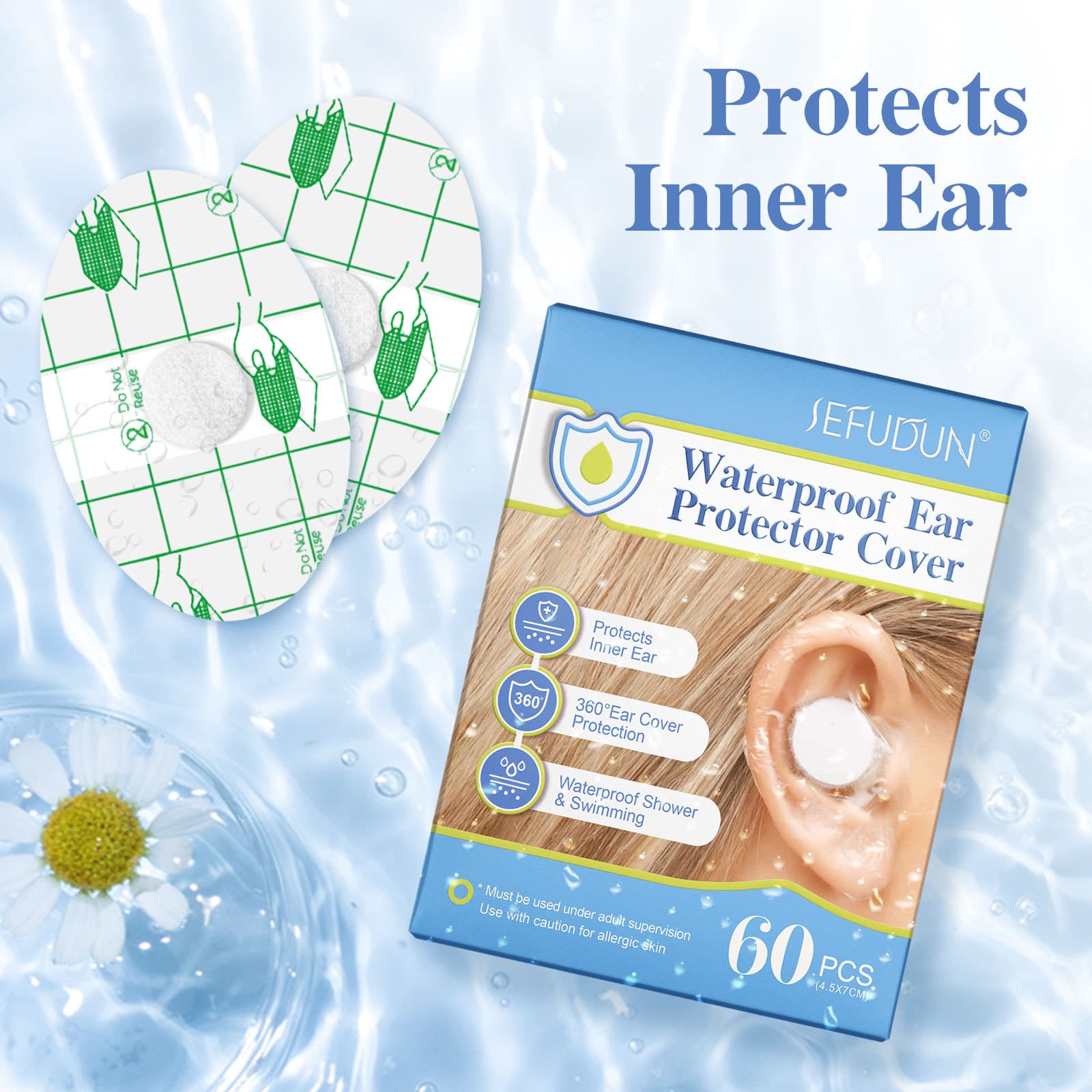 SEFUDUN Waterproof Ear Patches for Toddler Bathing and Hair Washing Ear Protection, Swimming Ear Guards, 60 Pieces