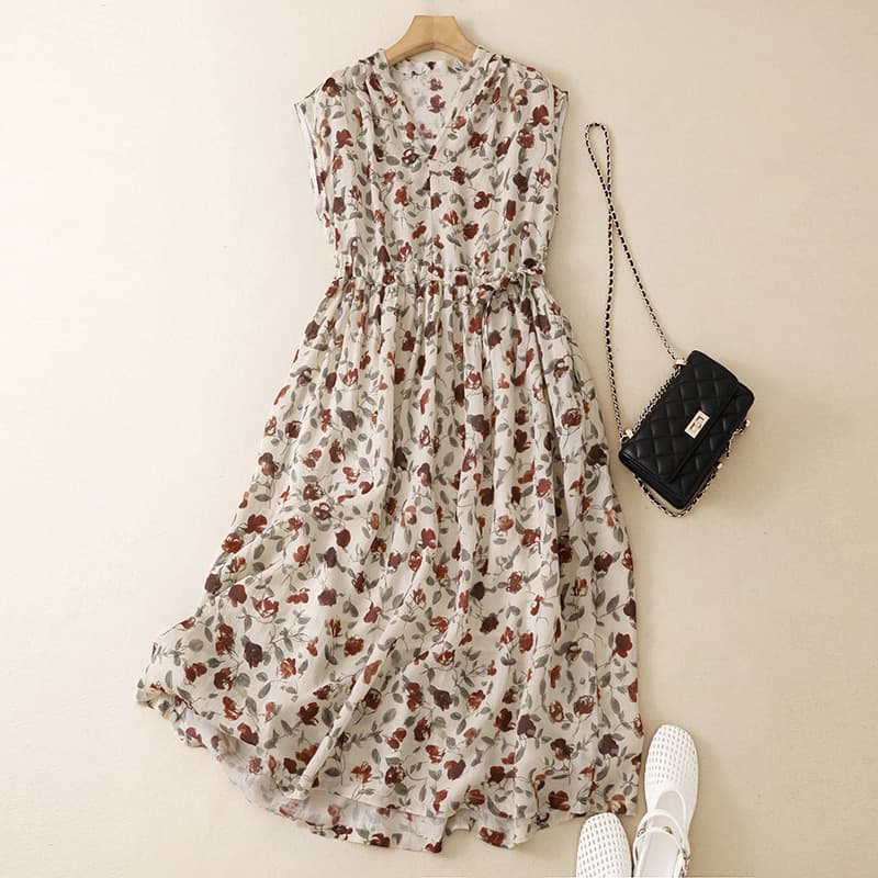 3021# New Floral Print Dress Women Summer Mid-Length Elegant Dress Pastoral Style Cotton Linen Long Dress
