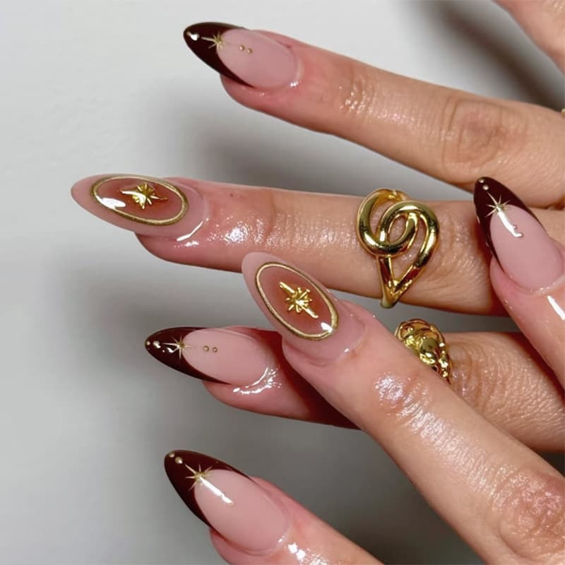 3D Gold Foil French Brown Short Almond Press-On Nails, Wearable Fake Nails, Nail Tips Wholesale