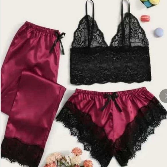 European and American Best-Selling Sexy Lace Camisole Lace-Trimmed Shorts and Pants Women's Loungewear Three-Piece Set Direct Source