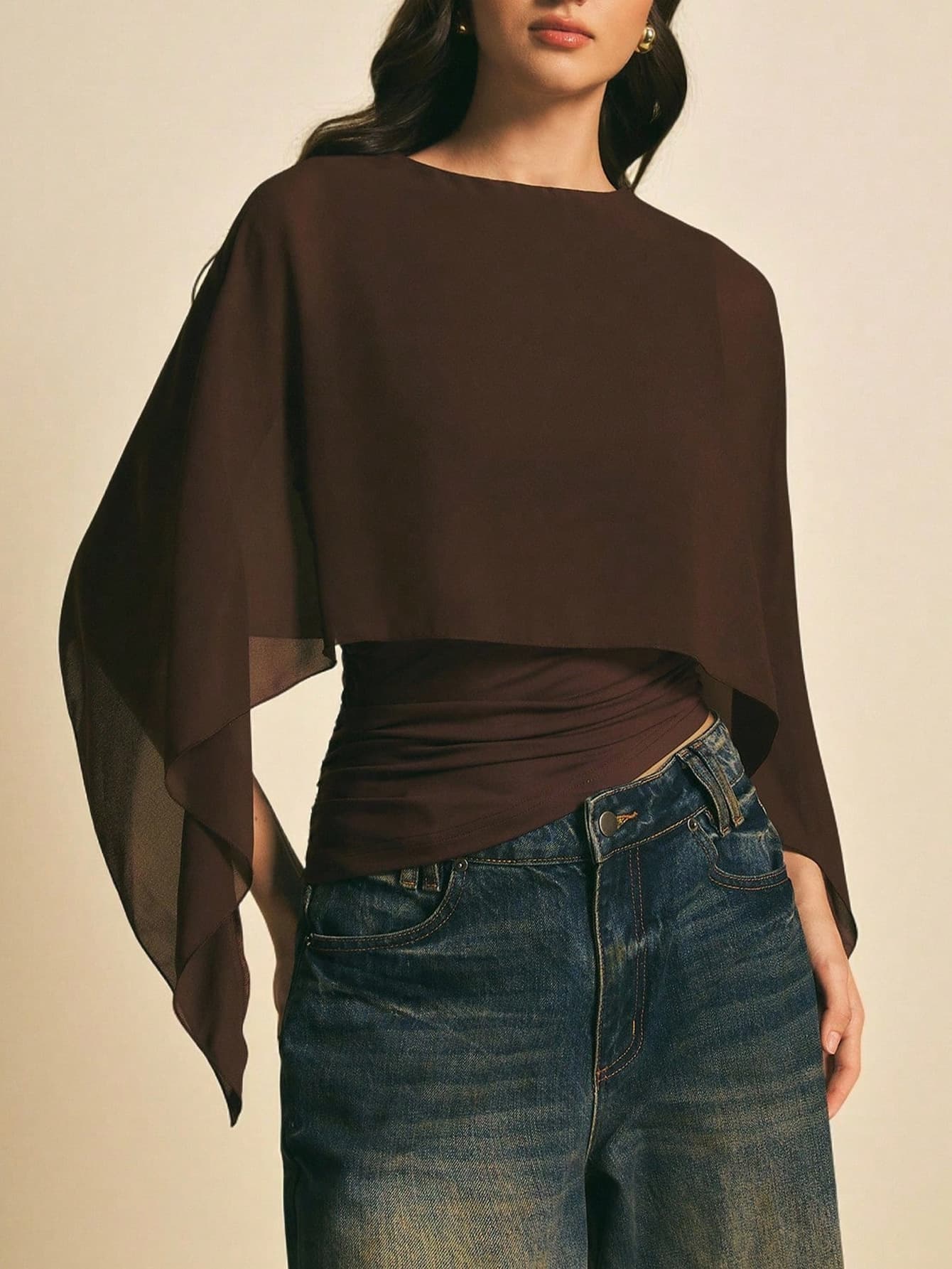 Women's European and American Coffee Chiffon Cape Sleeve Top, Round Neck Loose Fit, Slimming Fake Two-Piece Commuter Irregular T-Shirt
