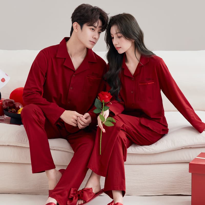 Red Long-Sleeve Cotton Pajama Set for Newlywed Couples, Spring/Autumn, 100% Cotton, One for Him and One for Her