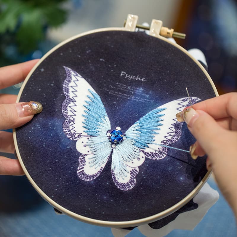 ✅ French 3D Embroidery DIY Material Kit Bead Embroidery Blue Butterfly Photo Frame Painting Home Display Couples Holiday Gift