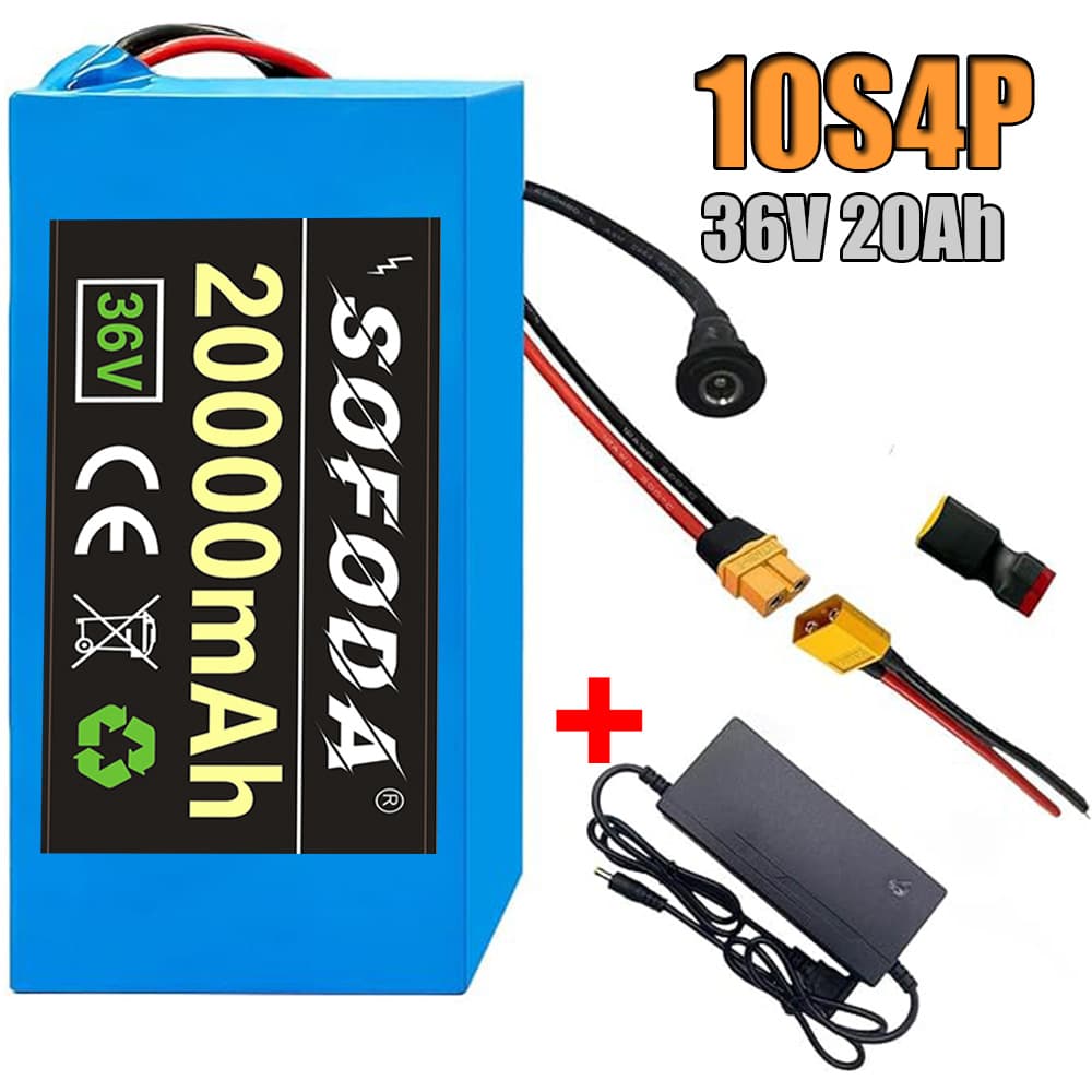 36V 20Ah18650 lithium battery pack + charger with 30A BMS compatible with 100-1000w motor