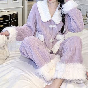Sweet Bowknot Homewear Set with Fleece Lining, Lightweight Luxury Thick Cardigan Coral Fleece Wear-Out Pajamas for Women, Fall/Winter
