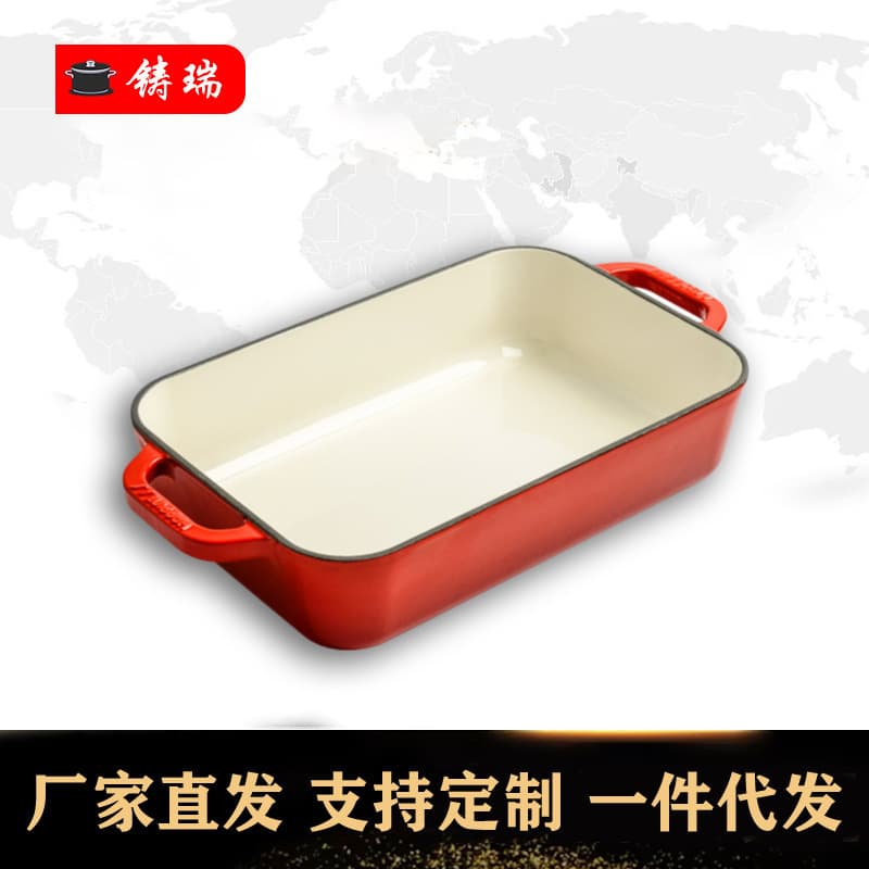 Cast Iron Enamel Pot Double-handled Casserole Baking Pan for Western Cuisine, Red Enamel Roasting Dish for Meat, Fish, Steak, Frying