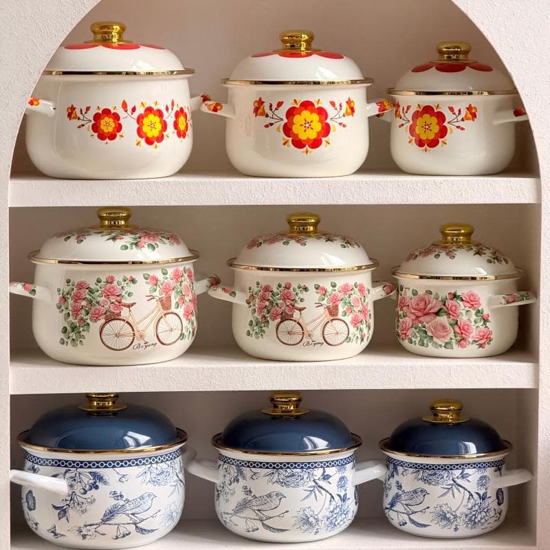 16-18-20 cm three-piece set of enamel hot pot, stew pot, frying pot, multi-functional seafood pot, enamel household soup