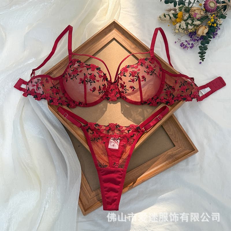 Y Cross-Border Embroidered Bra Set Ultra-Thin Cup Thin Strap Hollow Transparent Three-Point Sexy Lingerie Bra 25041
