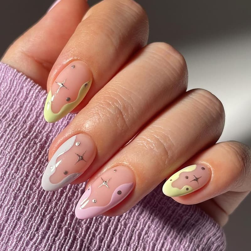 Cross-border Wearable Nail Art Star Contrast French Nail Tips Almond Shape Removable Fake Nails European American Wholesale