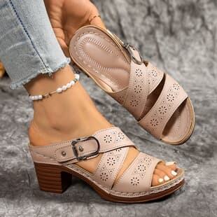 European American Hollow Chunky Heel Roman Sandals 2025 Summer New One-Bar Cross-Border Export Large Size High Heel Women's Shoes