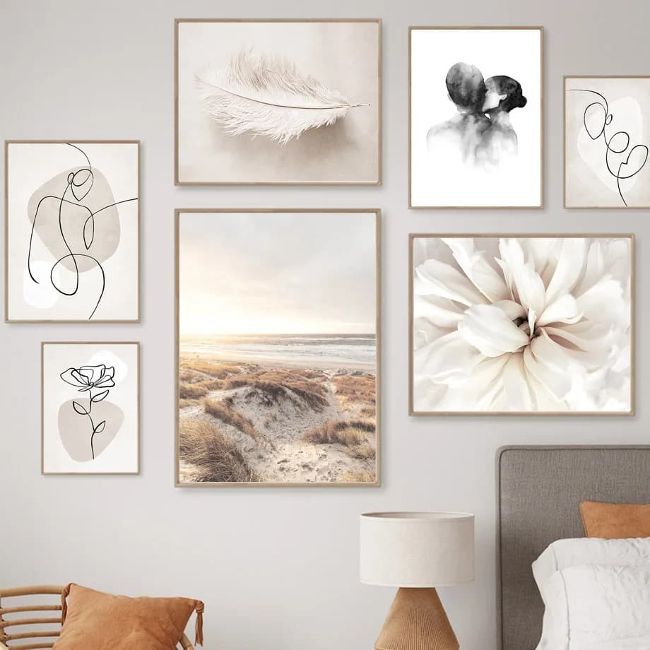 Nordic abstract geometric lines couple figures white flowers plants withered grass beach living room bedroom decorative painting