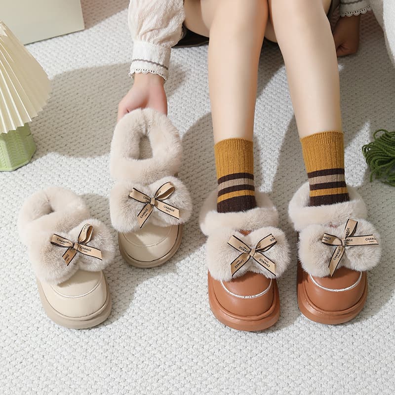 Women's cotton slippers, 2024 autumn-winter new cute bow fluffy warm thick sole non-slip couple home maternity shoes.