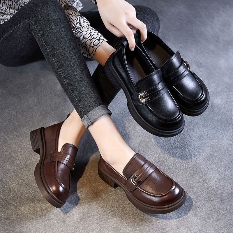 Comfortable platform loafers, women's summer 2025 new style, versatile chunky heel slip-on casual British style leather shoes