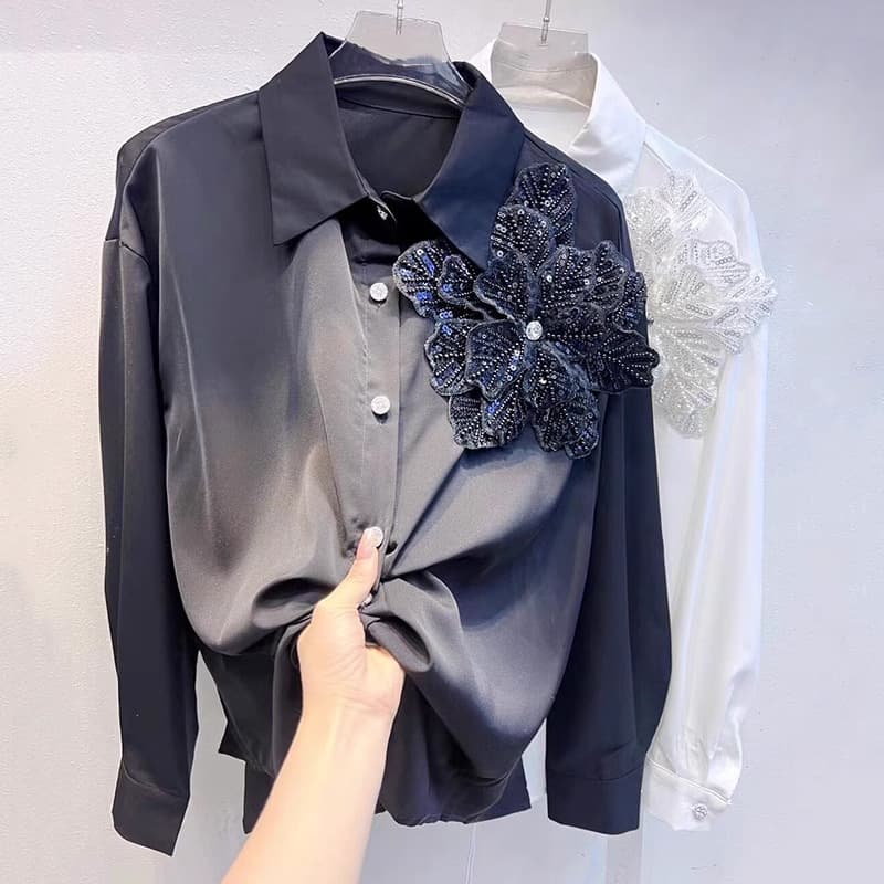 European women's shirt with beaded three-dimensional floral design, turn-down collar, single-breasted button closure, solid color, long sleeves, casual style