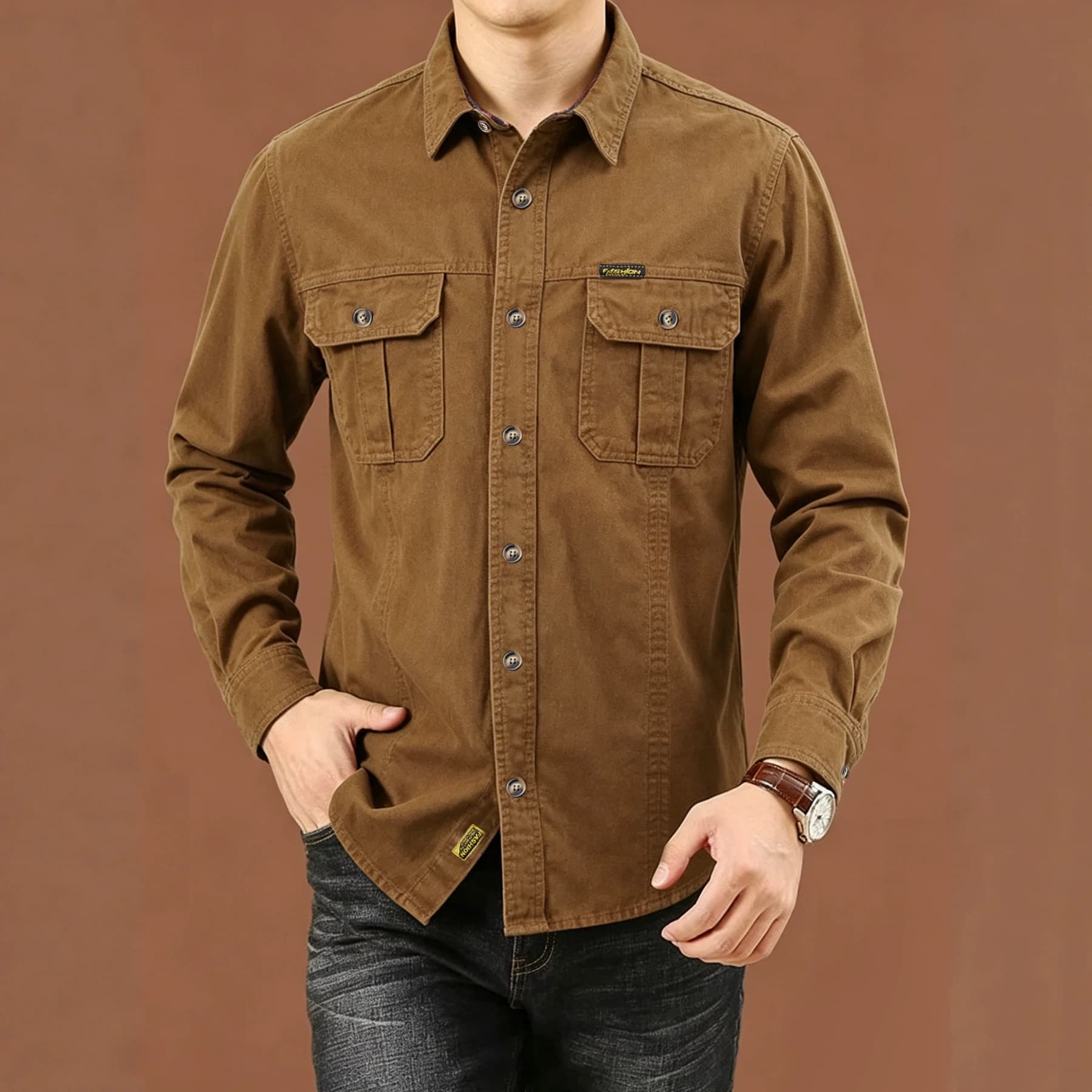 Cross-border hot style 2026 new brown trendy brand denim shirt men's versatile casual top men's shirt