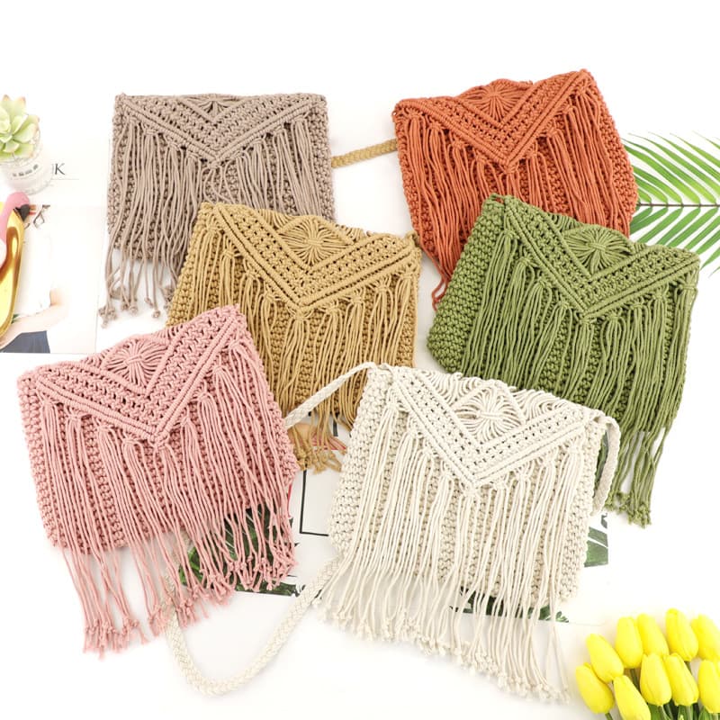 Handwoven Cotton Tassel Flap Straw Bag, Crossbody Shoulder Bag, Casual Women's Beach Bag