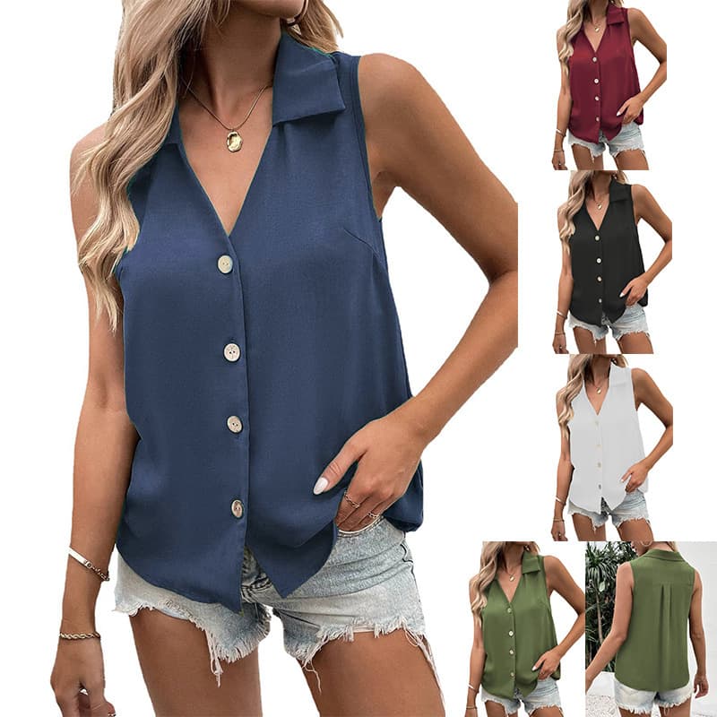 2023 Europe and US Cross-Border Summer New Women's Solid Color V-Neck Loose Chiffon Shirt Sleeveless Twist Button Vest Blouse