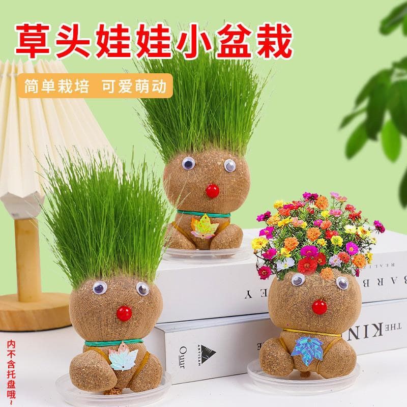 Kindergarten Creative Small Potted Plants, Arbor Day Gifts, Grass Head Dolls, Flowering Plants, Children's Hydroponic Green Plant Landscapes