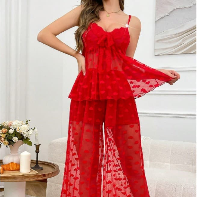 New European and American Cross-border Sexy Lingerie for Women, Mesh Camisole See-through Heart Print Sleepwear