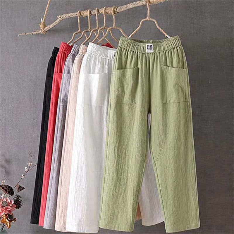 Linen Cotton Cropped Pants for Women Summer Loose Plus Size Linen Elastic Waist Straight Harem Pants Versatile Casual Pants