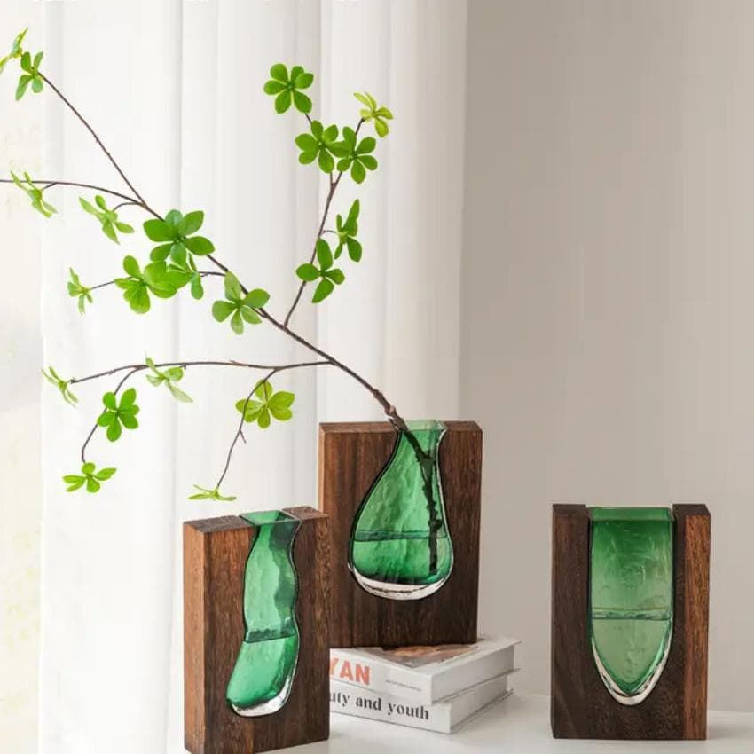 New Chinese Style Solid Wood Glass Vase Wholesale Home Designer Decoration Hotel Ornament High-End Soft Furnishings