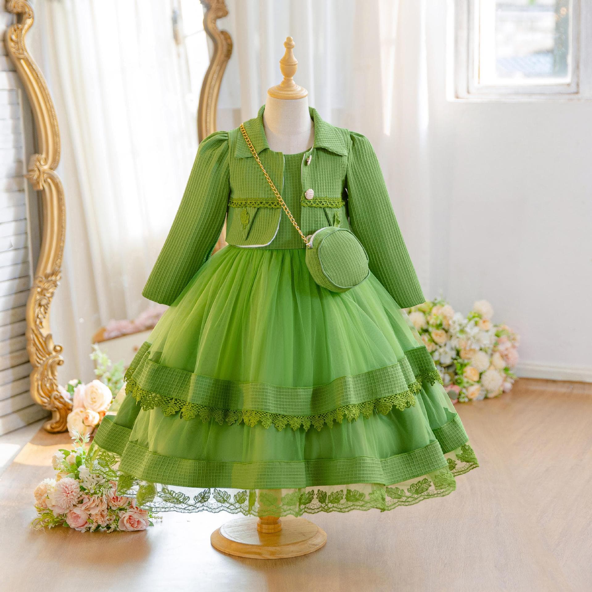 Children's Dress Set New Girl's Three-piece Princess Dress Lace Embroidered Photography Suit Little Girl Performance Dress