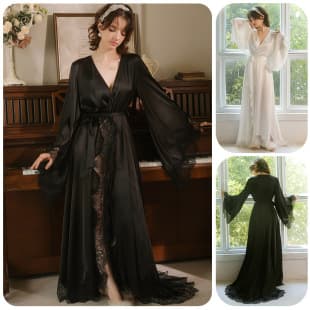 Satin Lace Long Robe for Women with Flared Sleeves, Tie-Waist, and Train, Available in Black and White 941